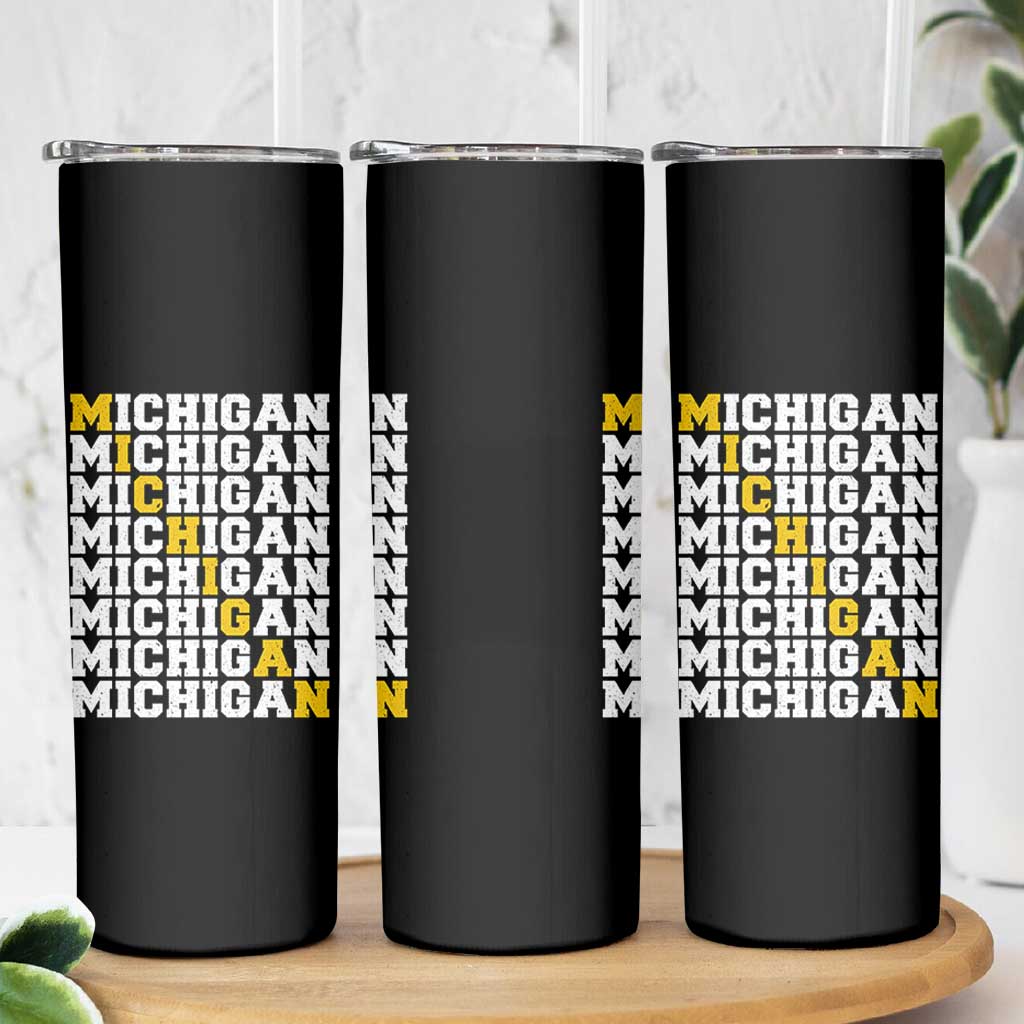 Michigan Fan Skinny Tumbler Yellow Bold Athletic Sport State Letters Game Day