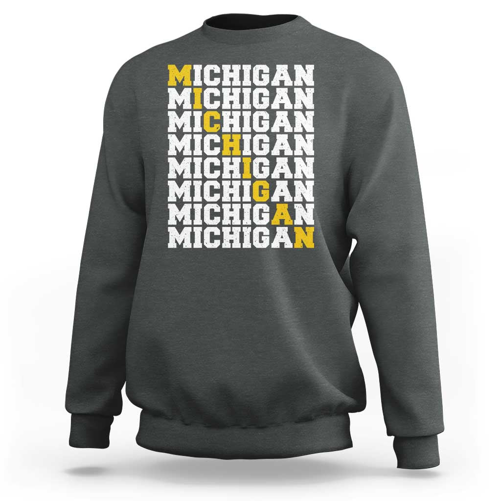 Michigan Fan Sweatshirt Yellow Bold Athletic Sport State Letters Game Day