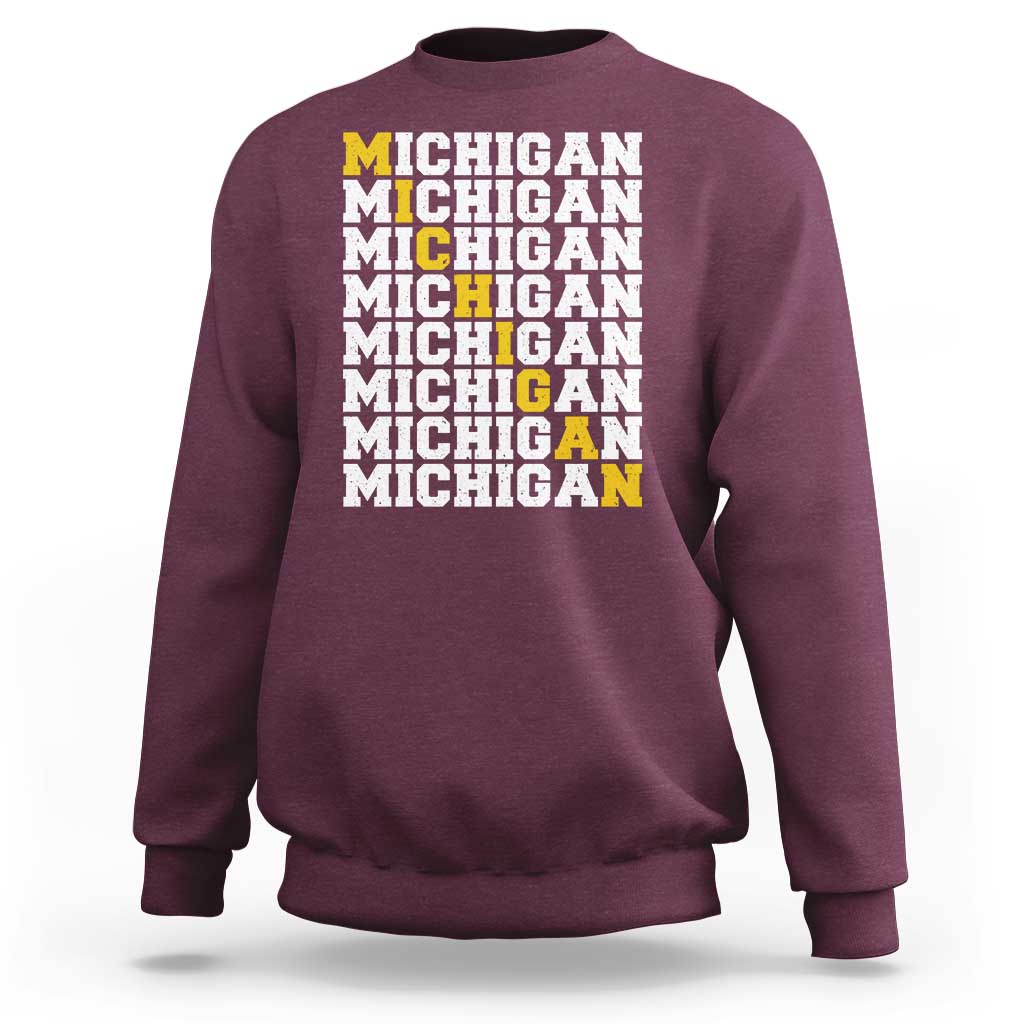 Michigan Fan Sweatshirt Yellow Bold Athletic Sport State Letters Game Day
