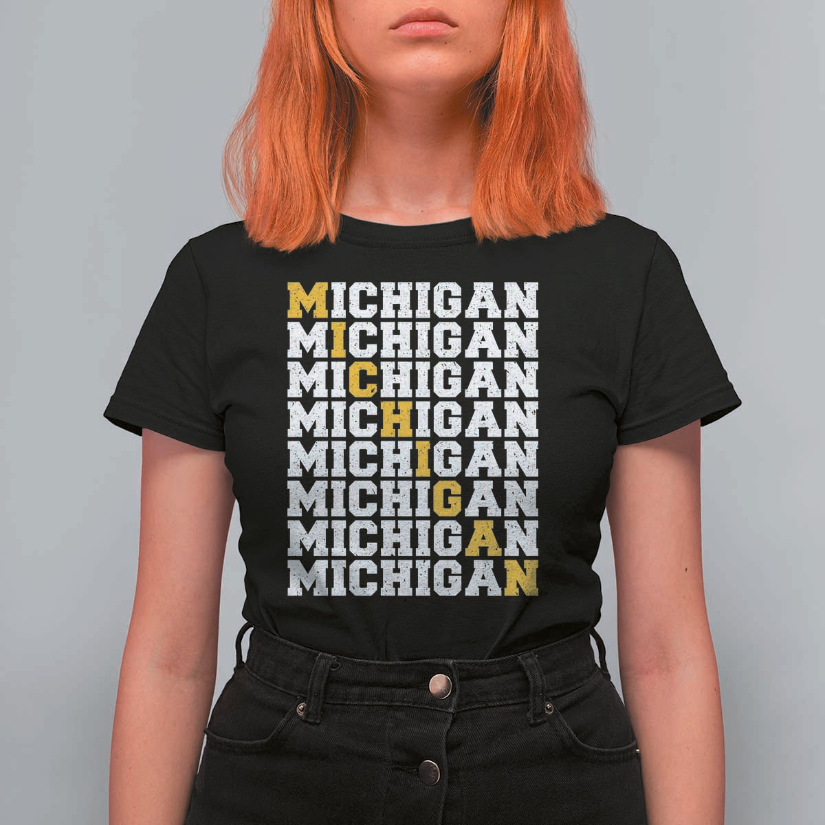 Michigan Fan T Shirt For Women Yellow Bold Athletic Sport State Letters Game Day