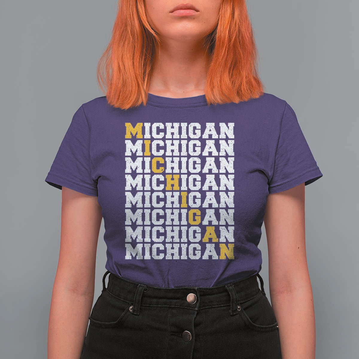 Michigan Fan T Shirt For Women Yellow Bold Athletic Sport State Letters Game Day