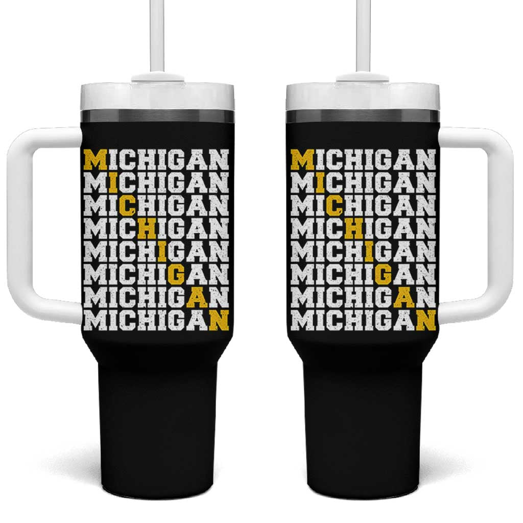 Michigan Fan Tumbler With Handle Yellow Bold Athletic Sport State Letters Game Day