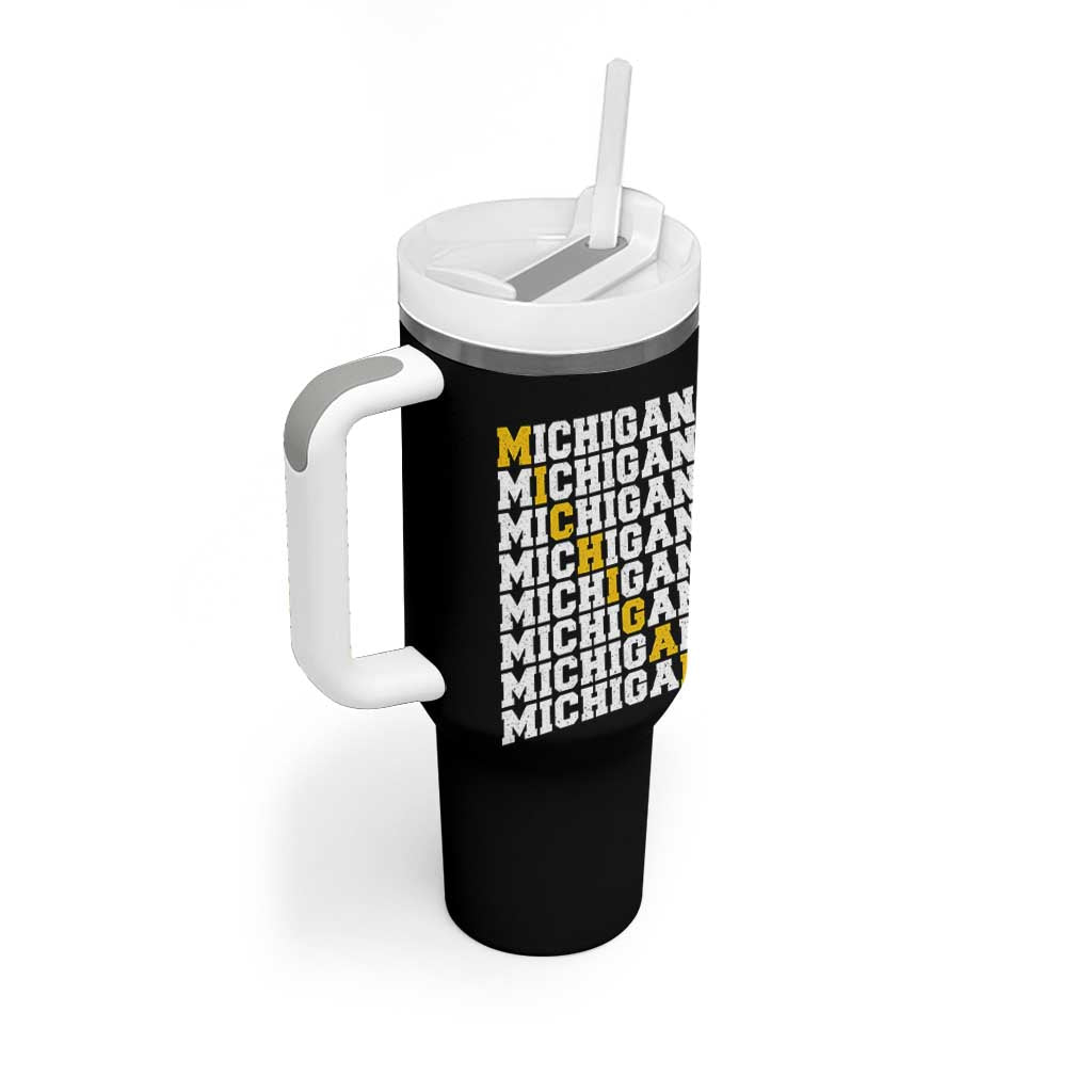 Michigan Fan Tumbler With Handle Yellow Bold Athletic Sport State Letters Game Day