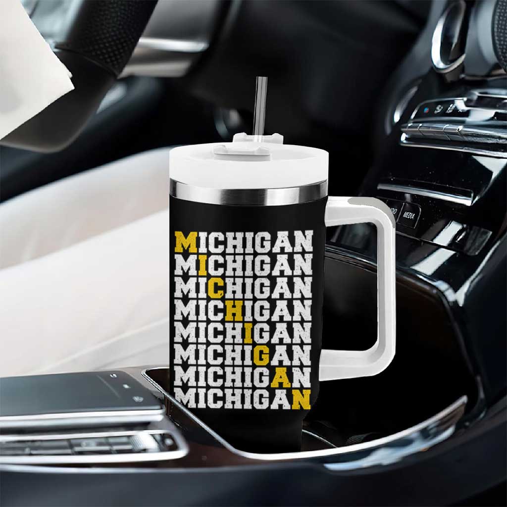 Michigan Fan Tumbler With Handle Yellow Bold Athletic Sport State Letters Game Day