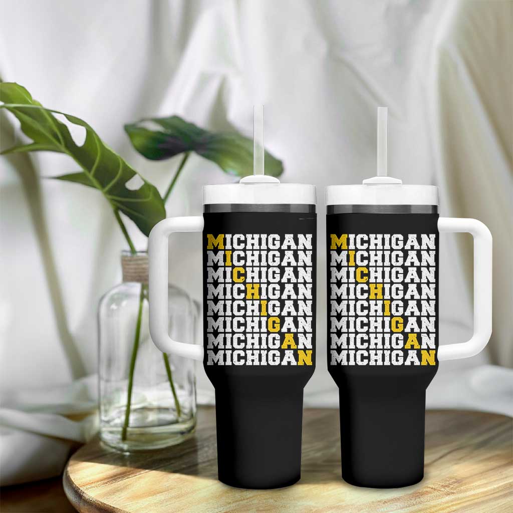 Michigan Fan Tumbler With Handle Yellow Bold Athletic Sport State Letters Game Day