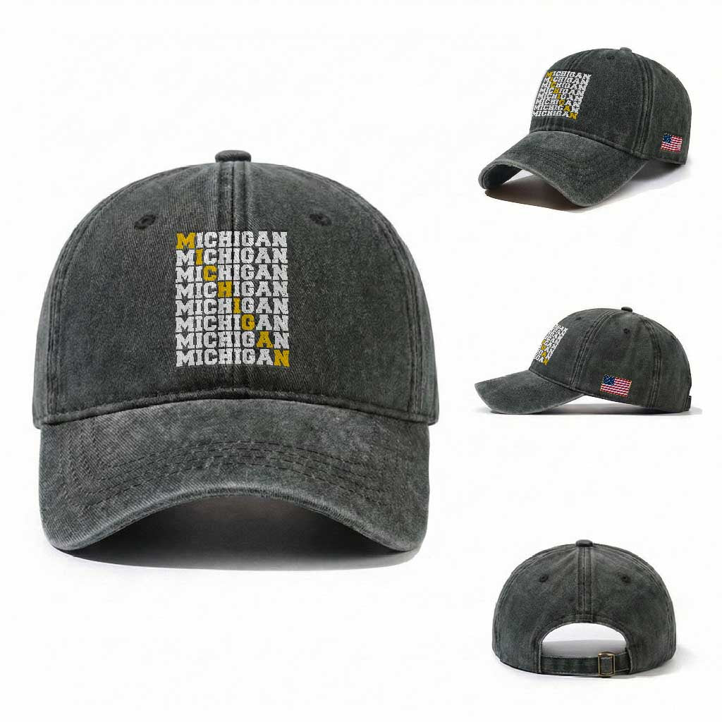 Michigan Fan Washed Cotton Baseball Cap Yellow Bold Athletic Sport State Letters Game Day