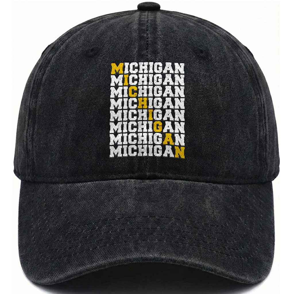 Michigan Fan Washed Cotton Baseball Cap Yellow Bold Athletic Sport State Letters Game Day