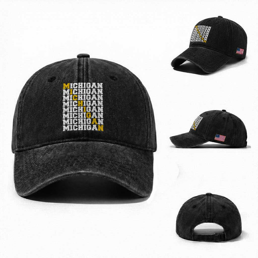 Michigan Fan Washed Cotton Baseball Cap Yellow Bold Athletic Sport State Letters Game Day