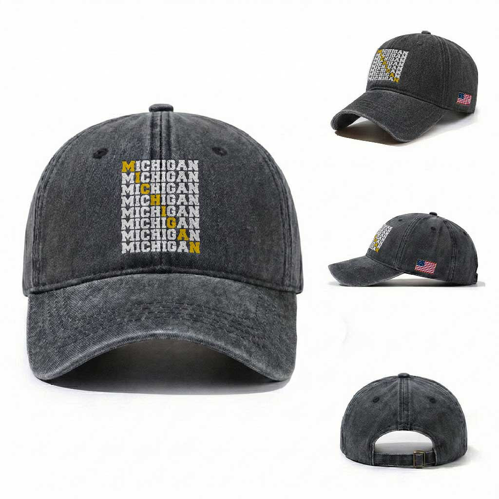 Michigan Fan Washed Cotton Baseball Cap Yellow Bold Athletic Sport State Letters Game Day