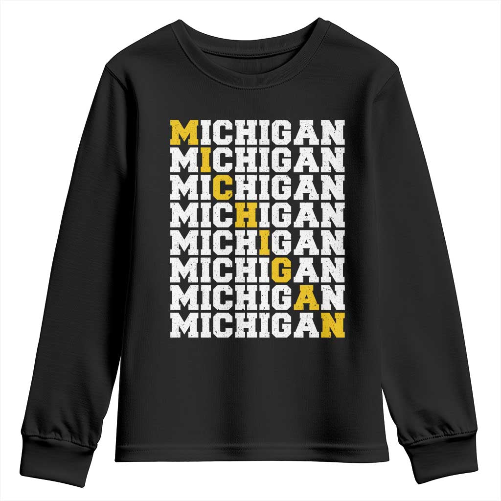 Michigan Fan Youth Sweatshirt Yellow Bold Athletic Sport State Letters Game Day