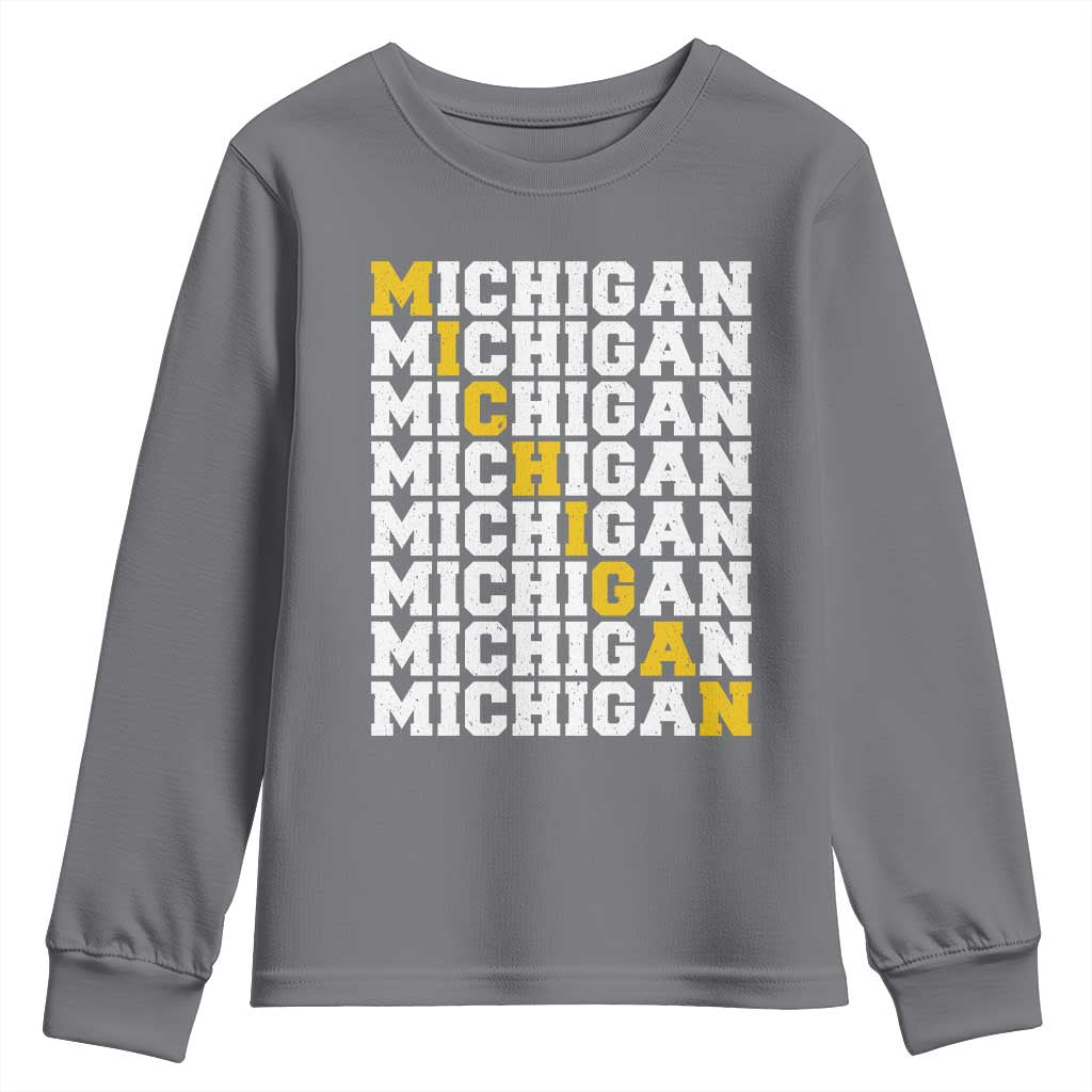 Michigan Fan Youth Sweatshirt Yellow Bold Athletic Sport State Letters Game Day