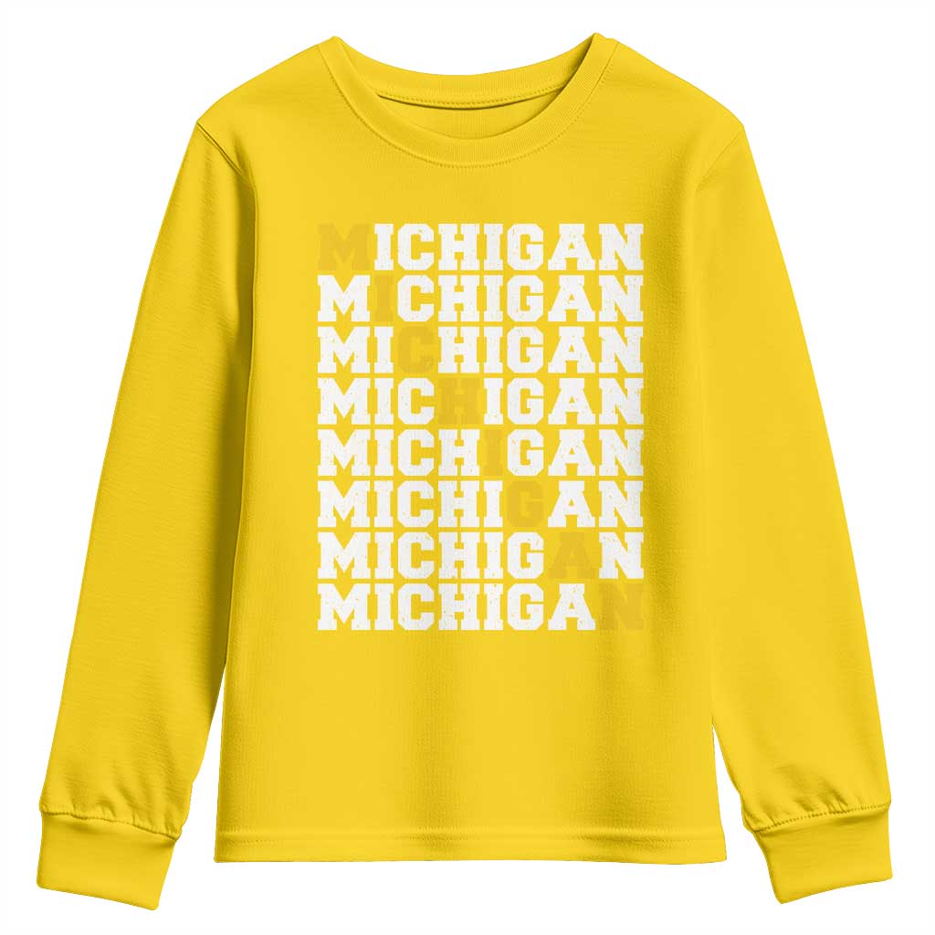 Michigan Fan Youth Sweatshirt Yellow Bold Athletic Sport State Letters Game Day