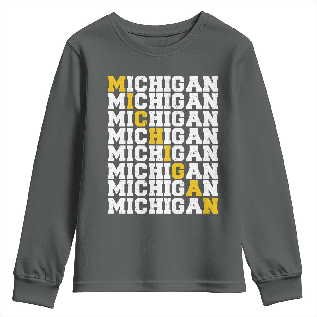 Michigan Fan Youth Sweatshirt Yellow Bold Athletic Sport State Letters Game Day