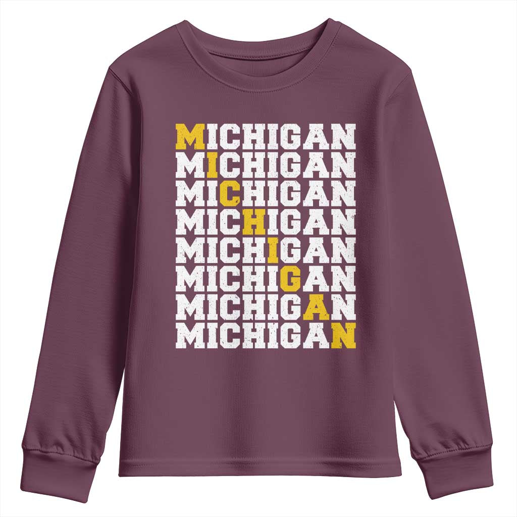 Michigan Fan Youth Sweatshirt Yellow Bold Athletic Sport State Letters Game Day