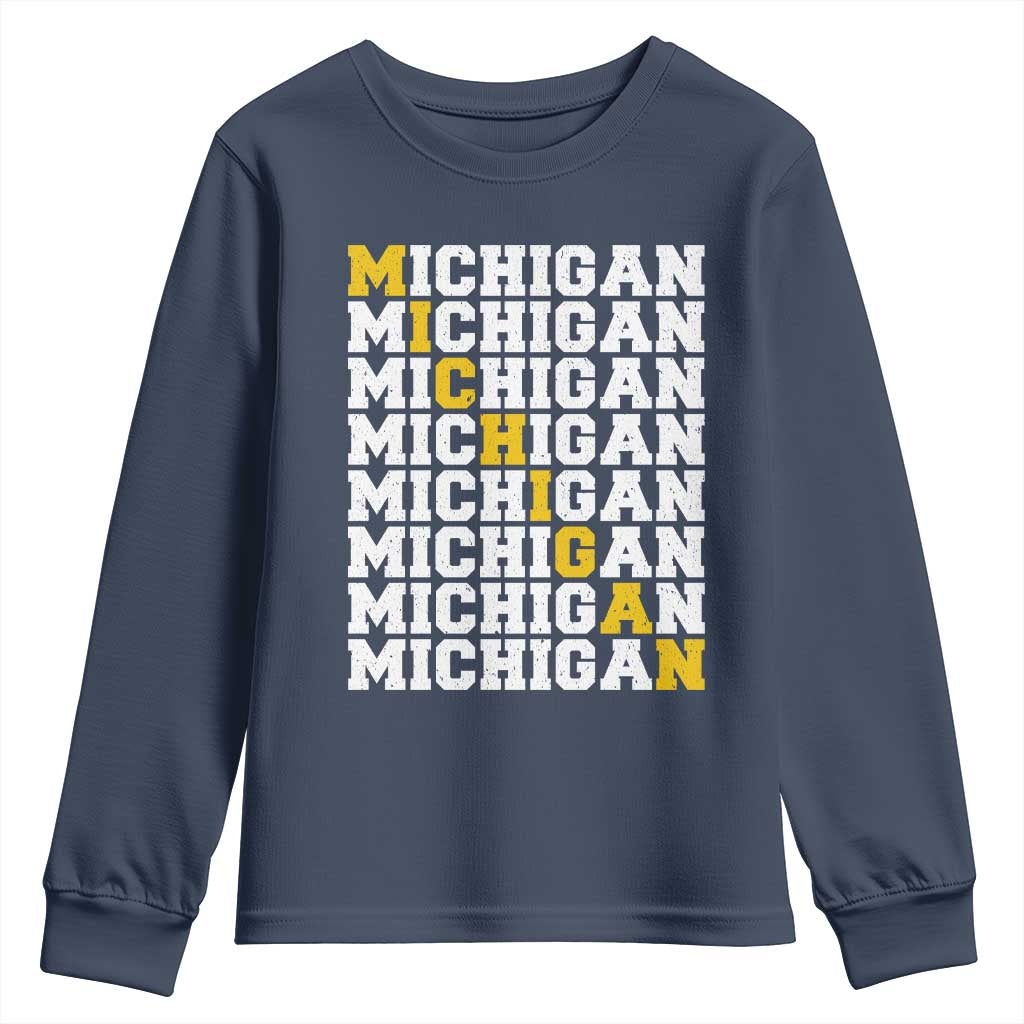 Michigan Fan Youth Sweatshirt Yellow Bold Athletic Sport State Letters Game Day