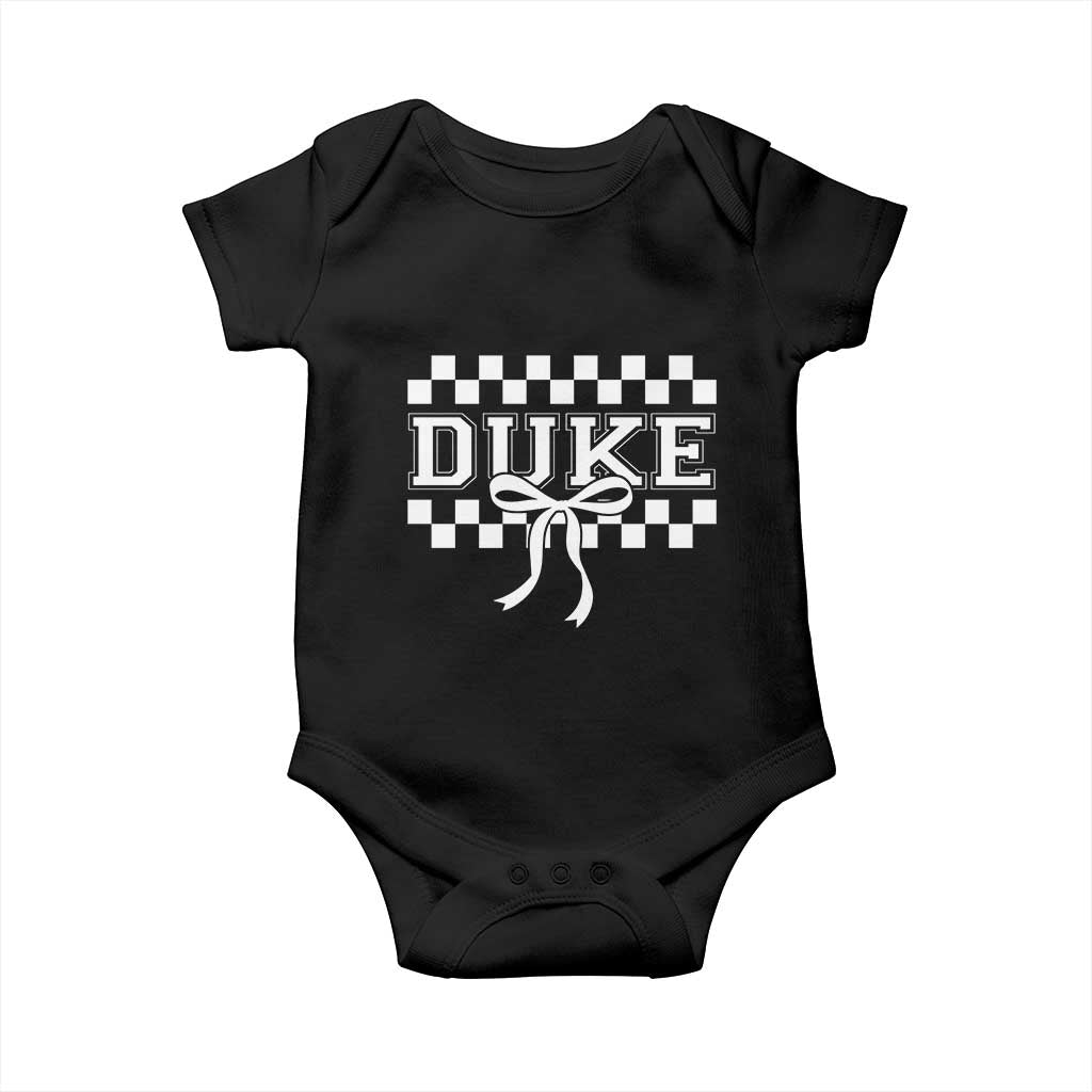 Duke Bold Letters Name Coquette Bow Checkered for Sports Fans Baby Onesie