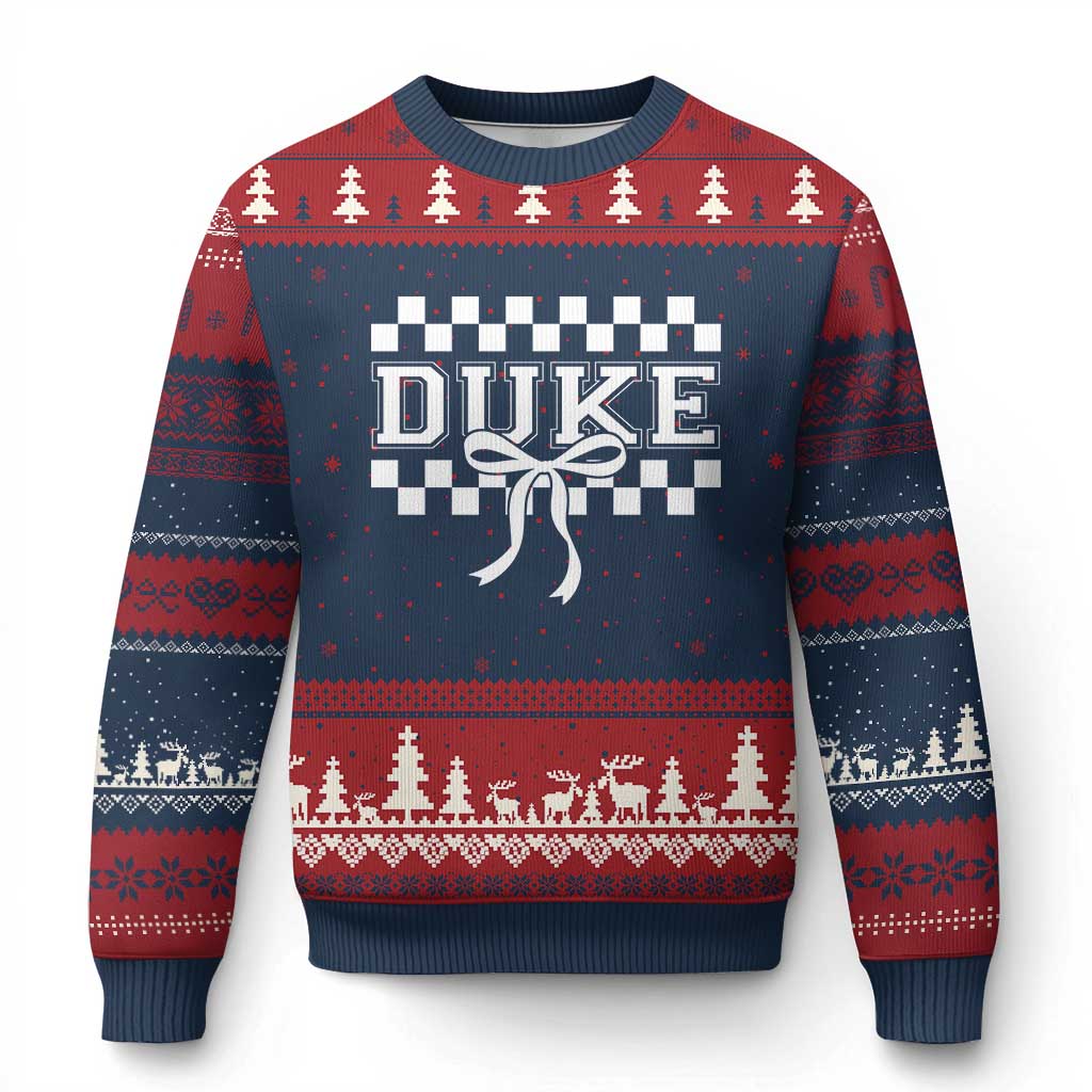 Duke Bold Letters Name Coquette Bow Checkered for Sports Fans Ugly Christmas Sweater