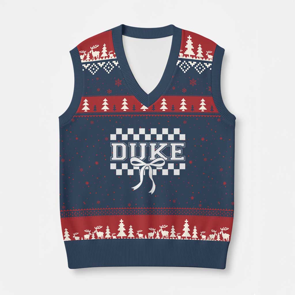 Duke Bold Letters Name Coquette Bow Checkered for Sports Fans V-Neck Knit Sweater Vest