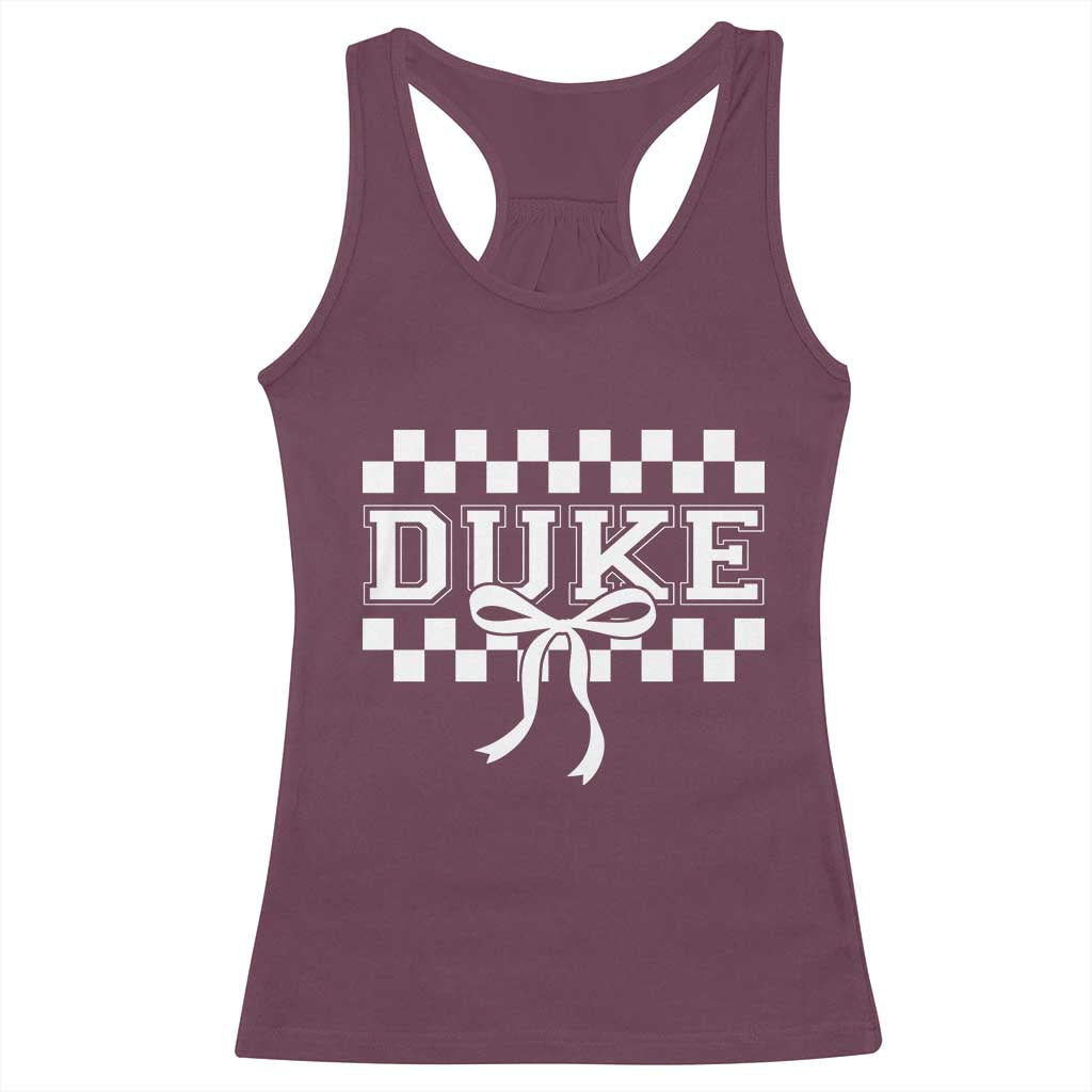 Duke Bold Letters Name Coquette Bow Checkered for Sports Fans Racerback Tank Top