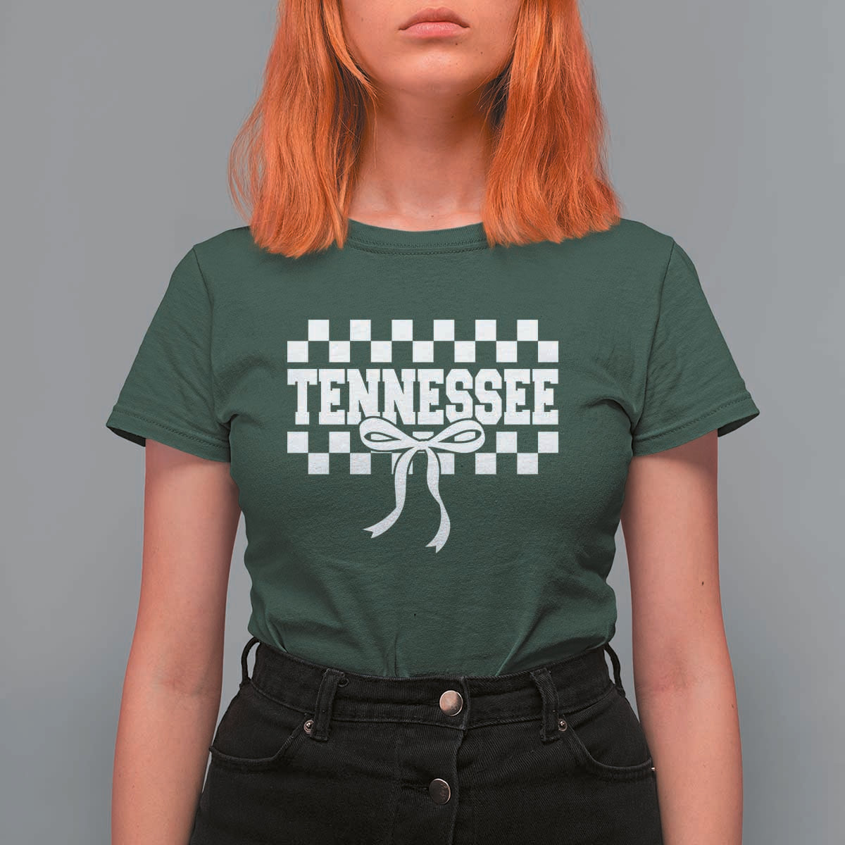 Tennessee Fan T Shirt For Women TN State Sport Coquette Bow Checkered Design Game Day