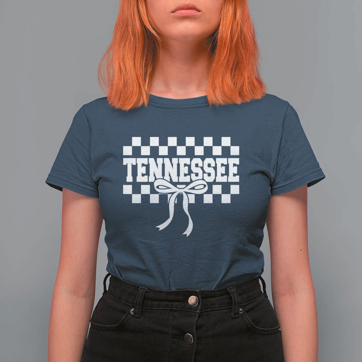 Tennessee Fan T Shirt For Women TN State Sport Coquette Bow Checkered Design Game Day