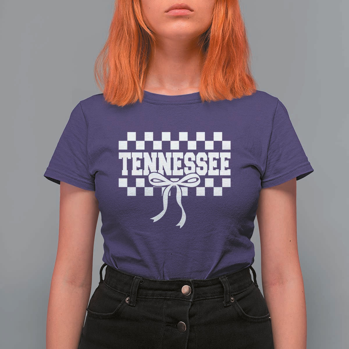 Tennessee Fan T Shirt For Women TN State Sport Coquette Bow Checkered Design Game Day