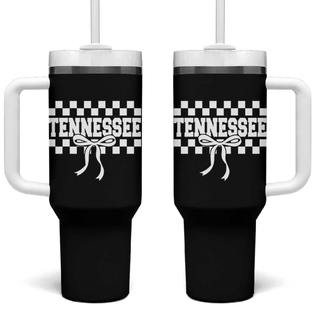 Tennessee Fan Tumbler With Handle TN State Sport Coquette Bow Checkered Design Game Day