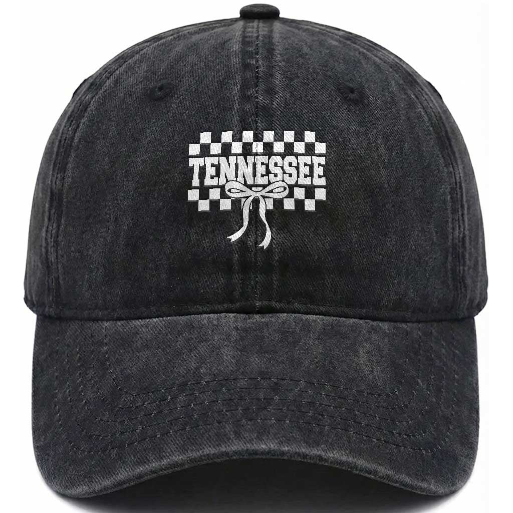 Tennessee Fan Washed Cotton Baseball Cap TN State Sport Coquette Bow Checkered Design Game Day