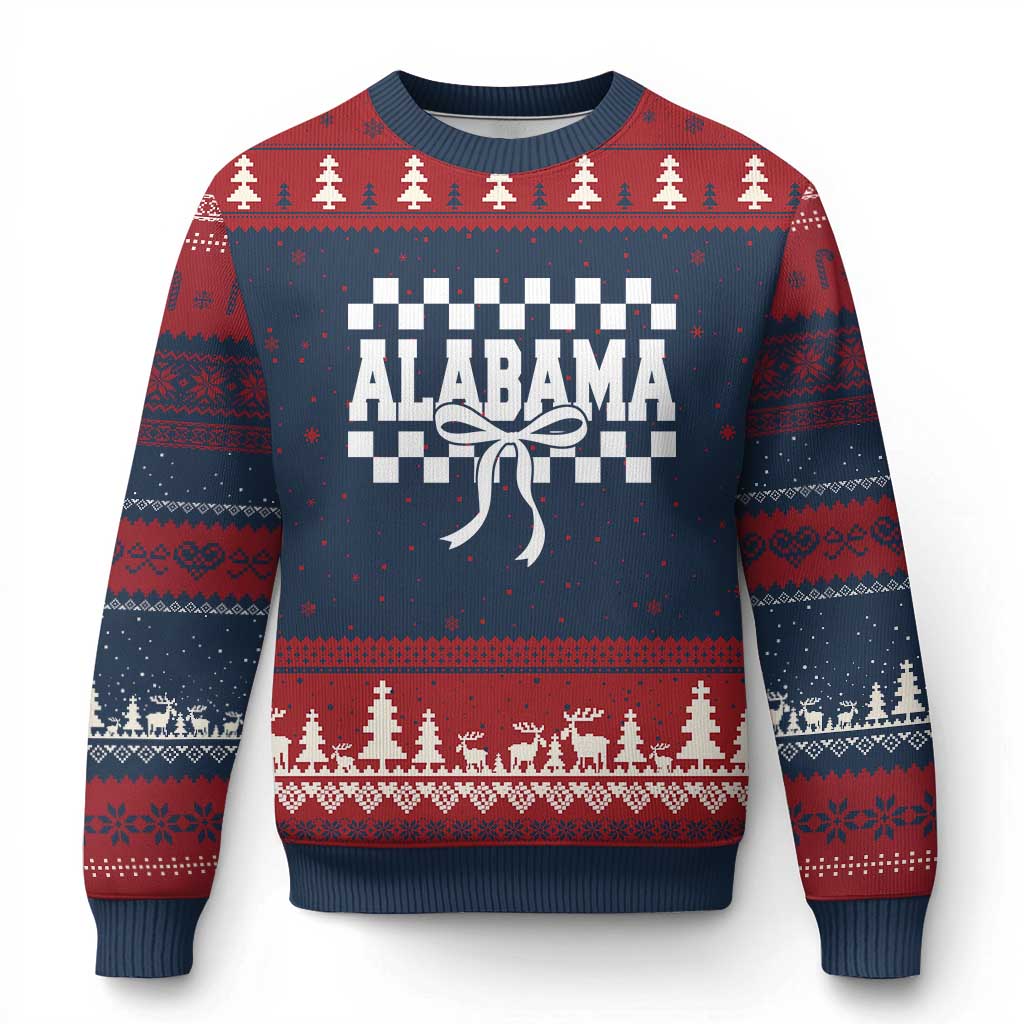 Alabama Fan Ugly Christmas Sweater AL State Sport Coquette Bow Checkered Design Game Day