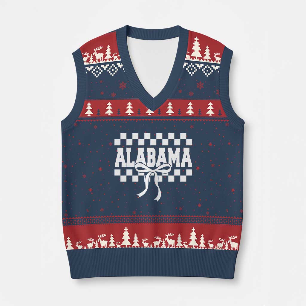 Alabama Fan V-Neck Knit Sweater Vest AL State Sport Coquette Bow Checkered Design Game Day