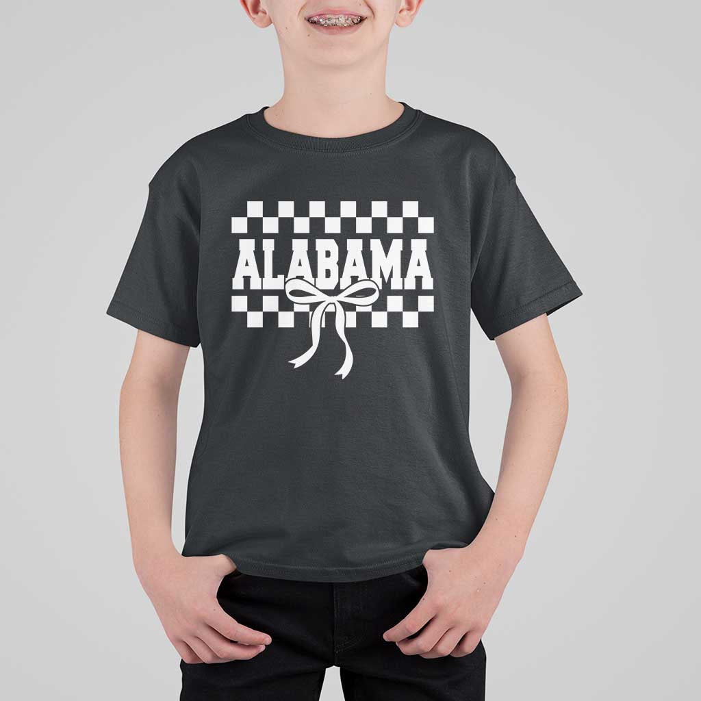 Alabama Fan T Shirt For Kid AL State Sport Coquette Bow Checkered Design Game Day