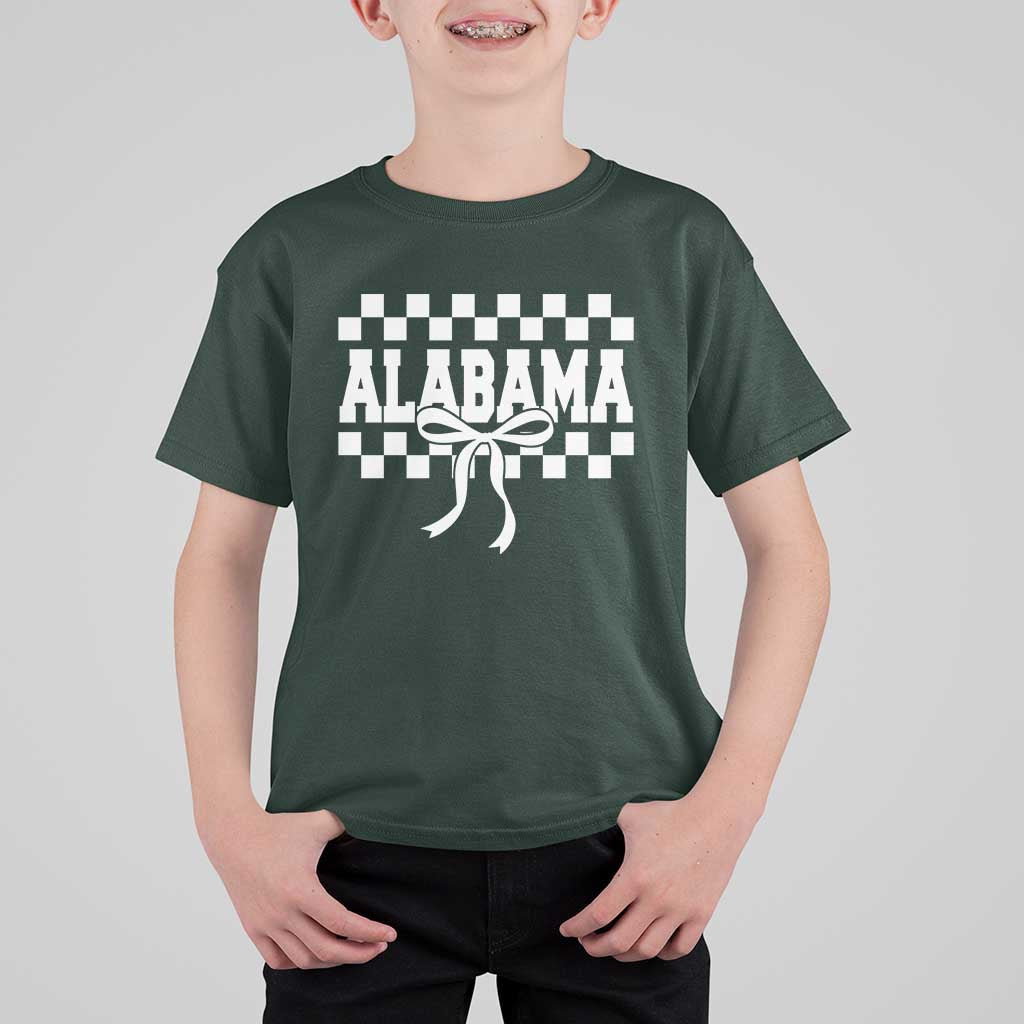 Alabama Fan T Shirt For Kid AL State Sport Coquette Bow Checkered Design Game Day