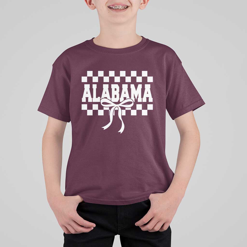 Alabama Fan T Shirt For Kid AL State Sport Coquette Bow Checkered Design Game Day