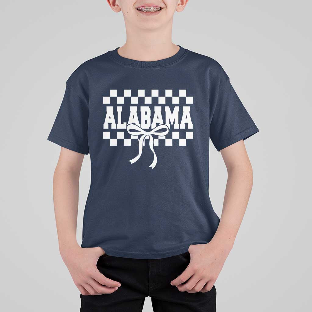 Alabama Fan T Shirt For Kid AL State Sport Coquette Bow Checkered Design Game Day