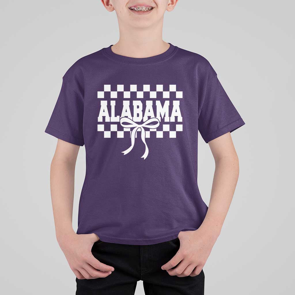 Alabama Fan T Shirt For Kid AL State Sport Coquette Bow Checkered Design Game Day