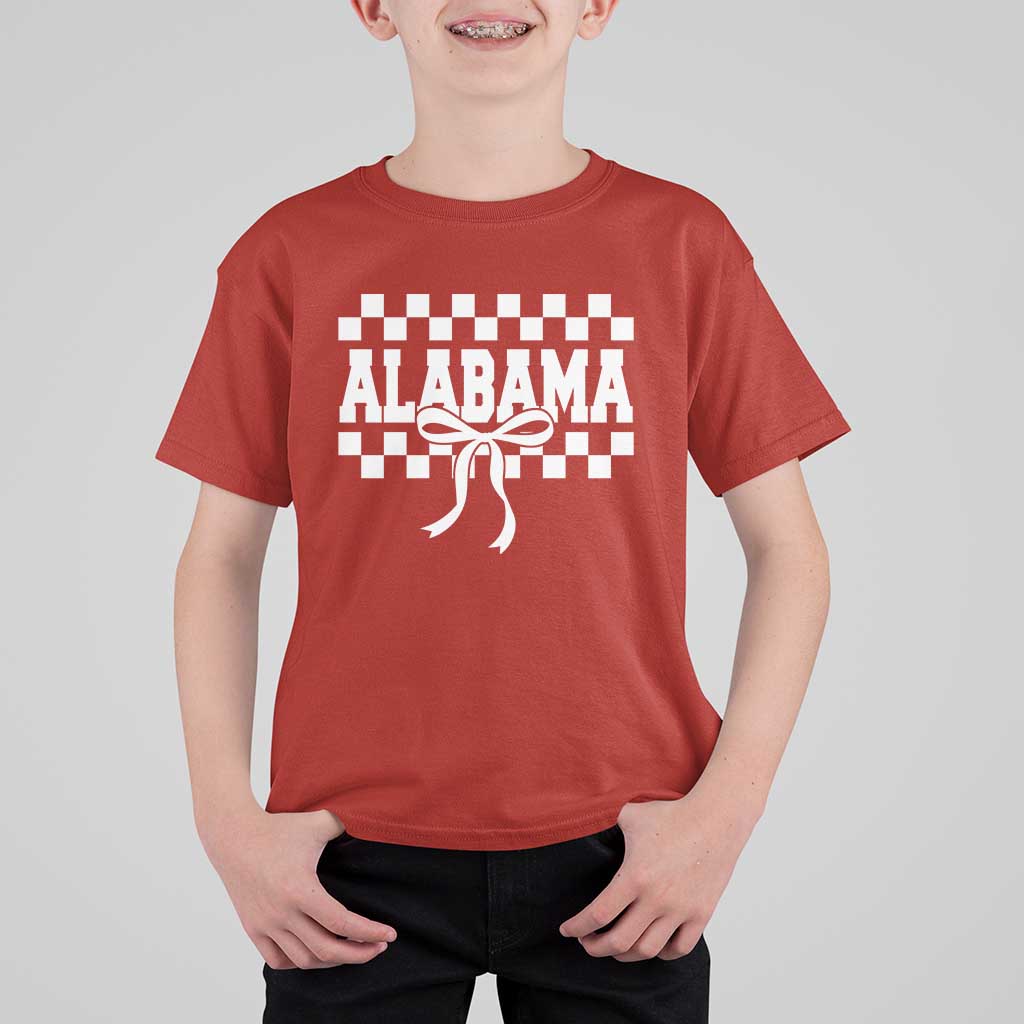 Alabama Fan T Shirt For Kid AL State Sport Coquette Bow Checkered Design Game Day
