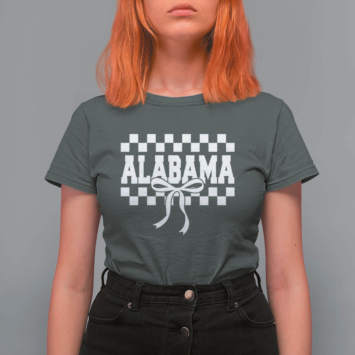 Alabama Fan T Shirt For Women AL State Sport Coquette Bow Checkered Design Game Day