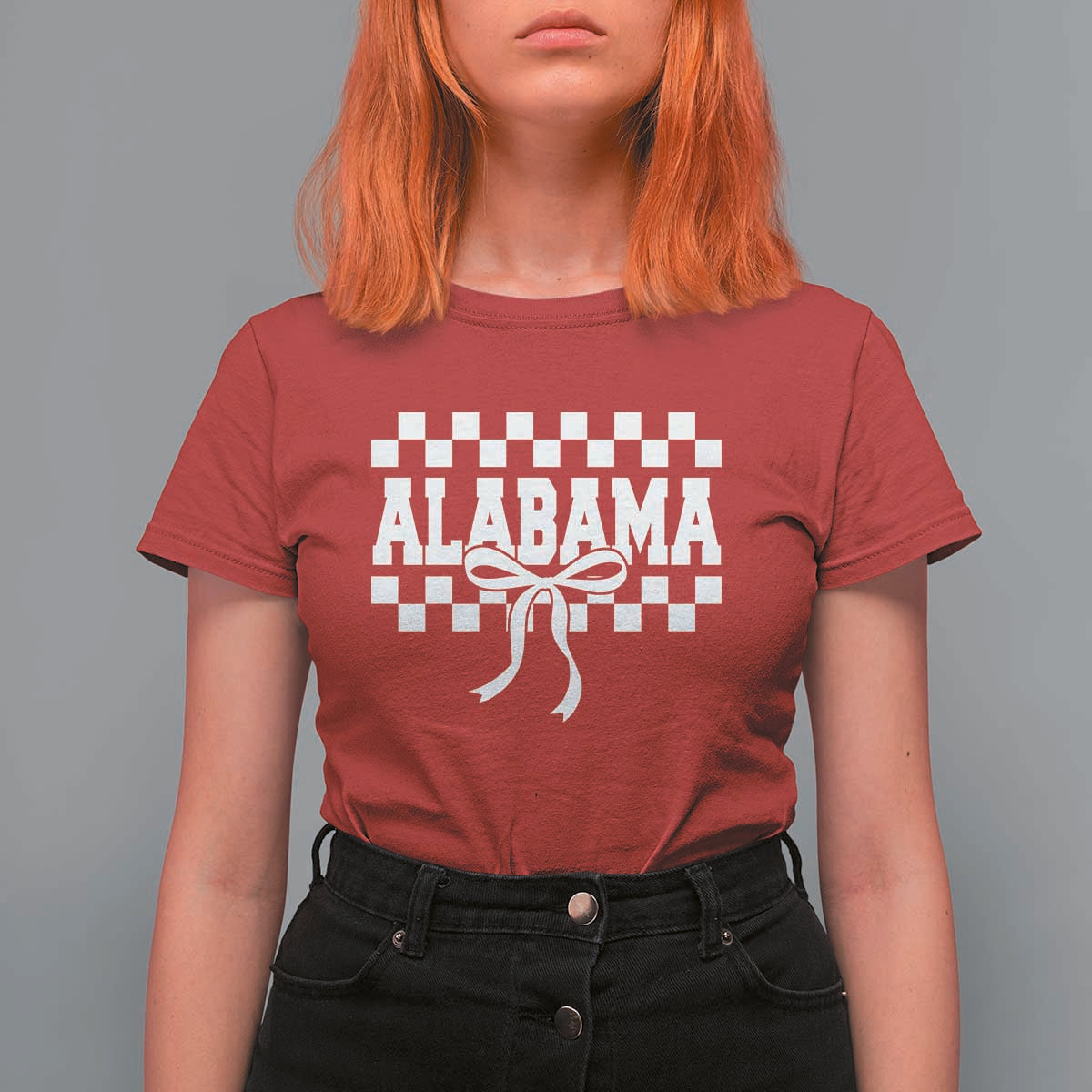 Alabama Fan T Shirt For Women AL State Sport Coquette Bow Checkered Design Game Day