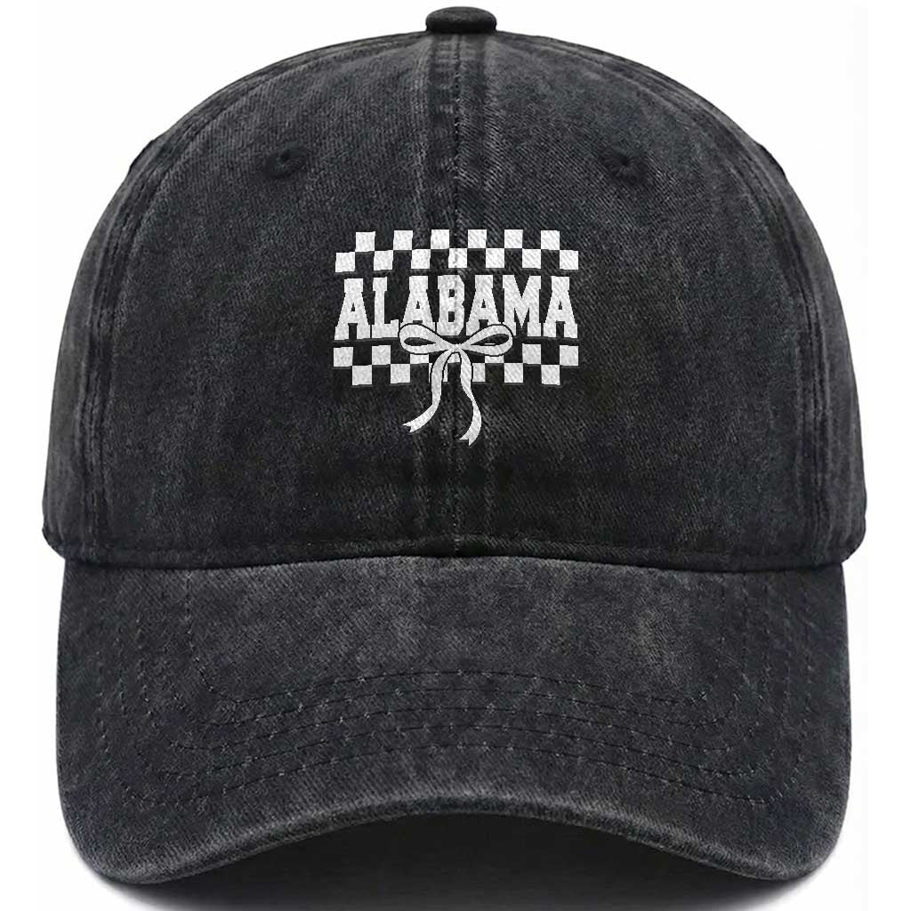Alabama Fan Washed Cotton Baseball Cap AL State Sport Coquette Bow Checkered Design Game Day