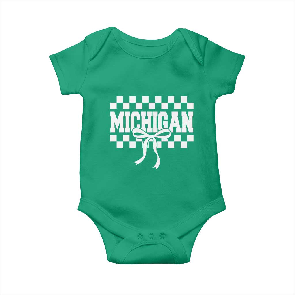 Michigan Fan Baby Onesie MI State Sport Coquette Bow Checkered Design Game Day