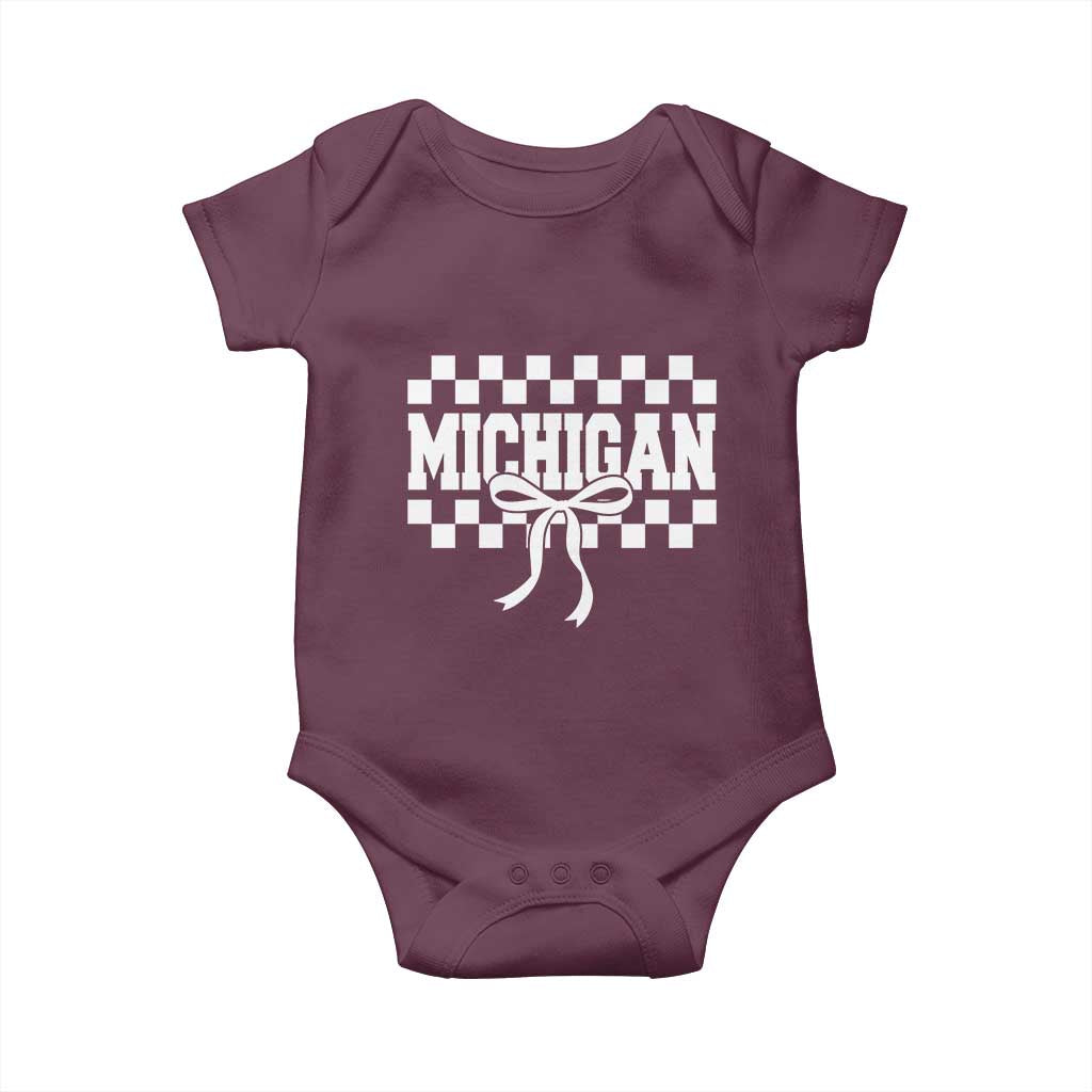 Michigan Fan Baby Onesie MI State Sport Coquette Bow Checkered Design Game Day