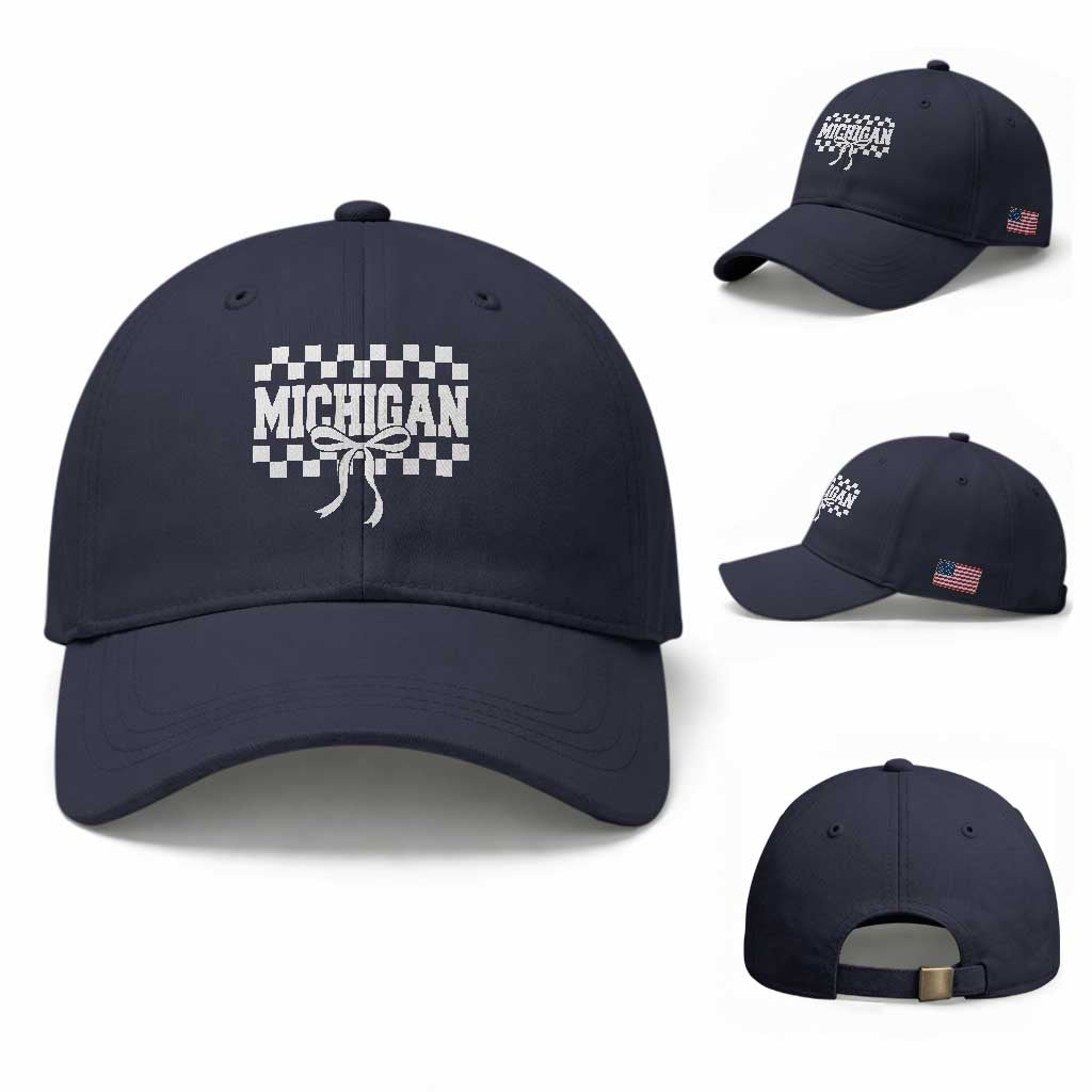 Michigan Fan Baseball Cap MI State Sport Coquette Bow Checkered Design Game Day