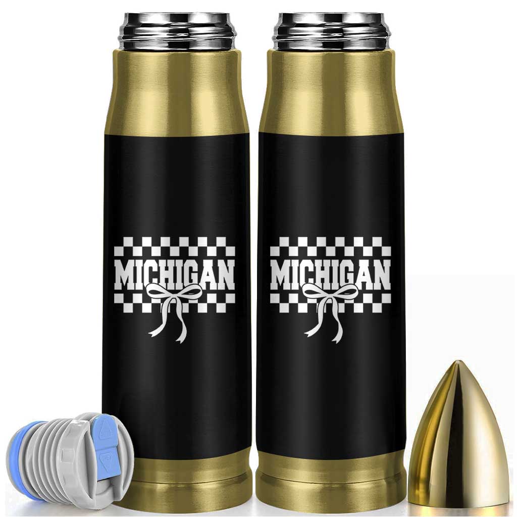 Michigan Fan Bullet Tumbler MI State Sport Coquette Bow Checkered Design Game Day