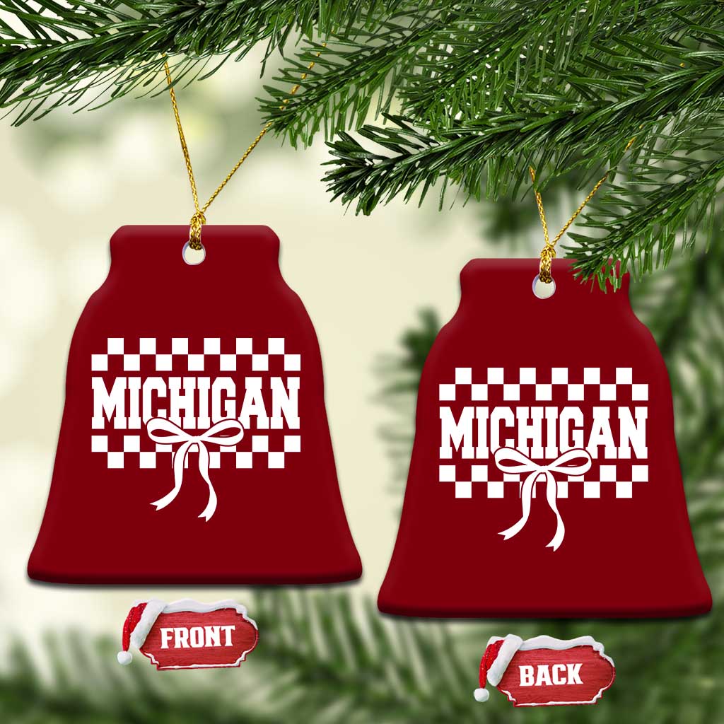 Michigan Fan Ceramic Ornament MI State Sport Coquette Bow Checkered Design Game Day