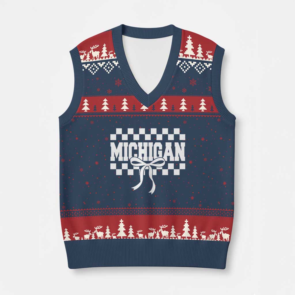 Michigan Fan V-Neck Knit Sweater Vest MI State Sport Coquette Bow Checkered Design Game Day