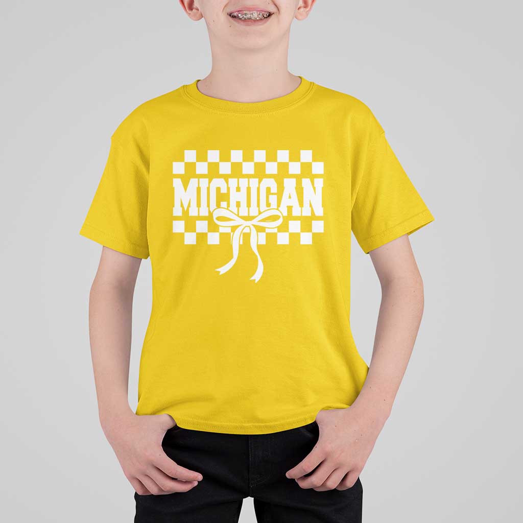 Michigan Fan T Shirt For Kid MI State Sport Coquette Bow Checkered Design Game Day