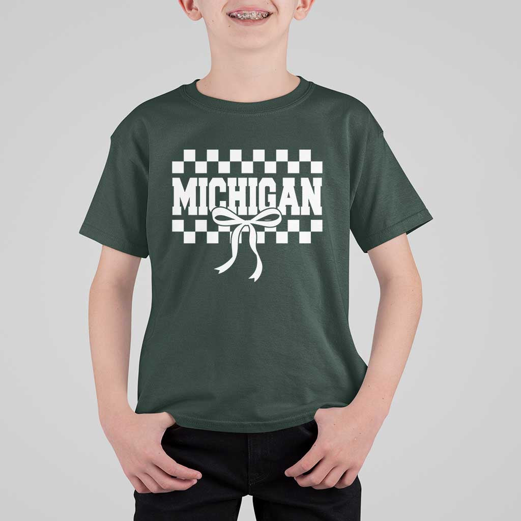 Michigan Fan T Shirt For Kid MI State Sport Coquette Bow Checkered Design Game Day