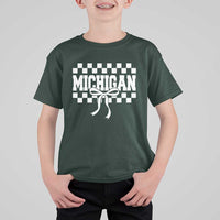 Michigan Fan T Shirt For Kid MI State Sport Coquette Bow Checkered Design Game Day