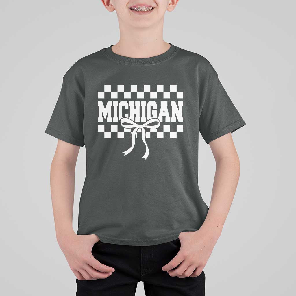 Michigan Fan T Shirt For Kid MI State Sport Coquette Bow Checkered Design Game Day
