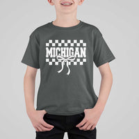 Michigan Fan T Shirt For Kid MI State Sport Coquette Bow Checkered Design Game Day
